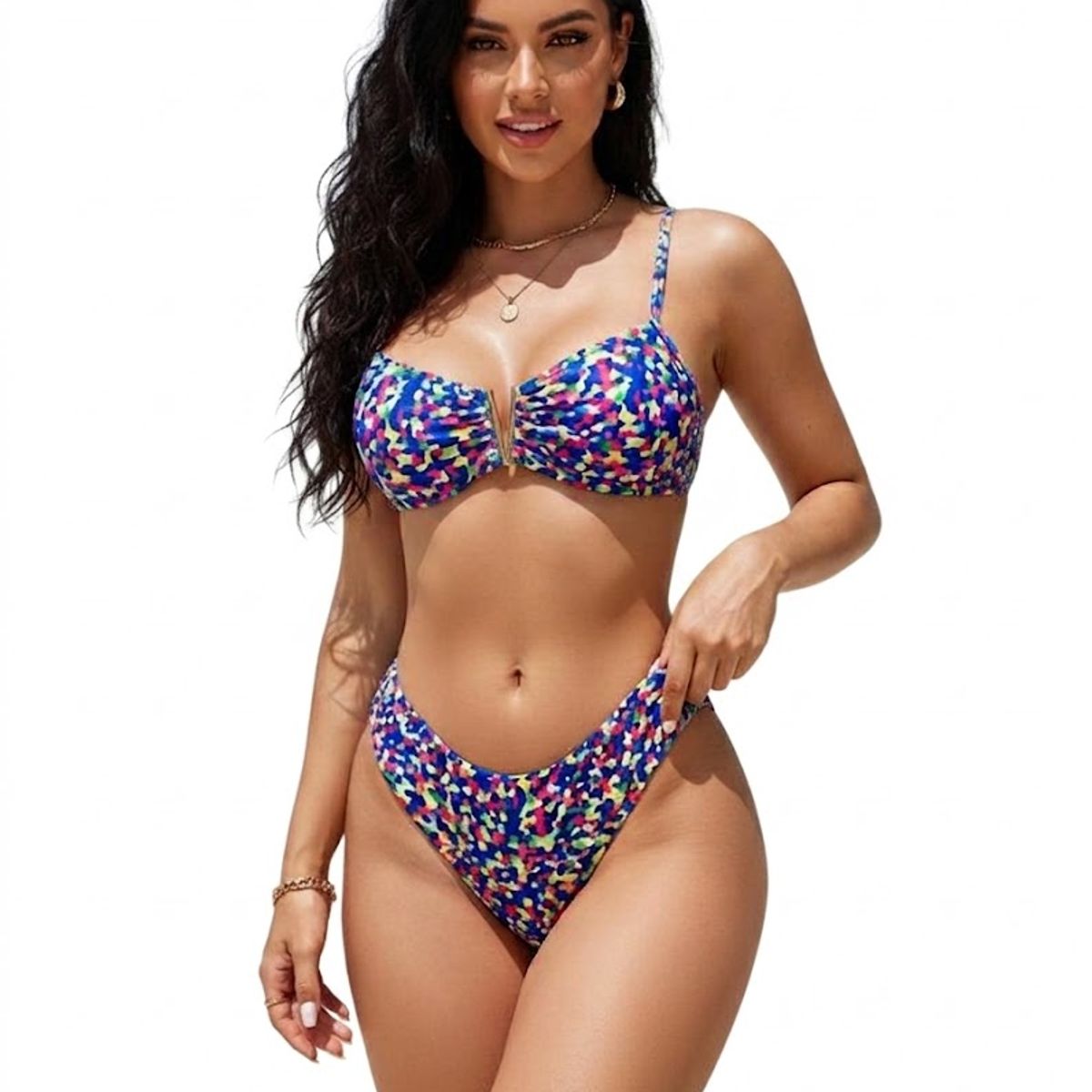 HAMI BOUTIQUE - Bikini de Dos Piezas con Estampado Azul Multicolor y Detalle en V