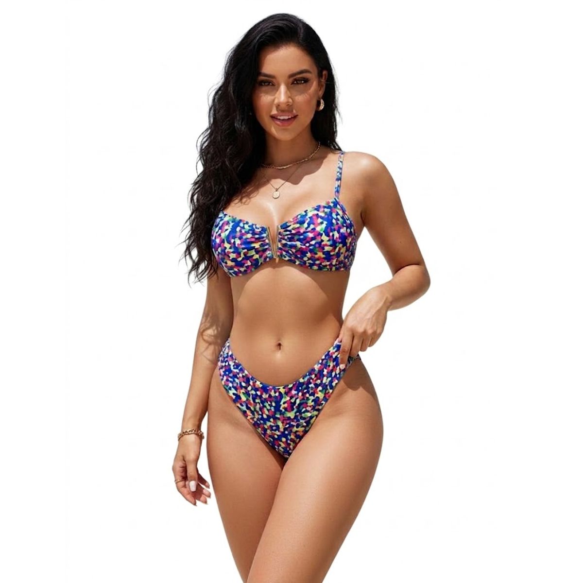HAMI BOUTIQUE - Bikini de Dos Piezas con Estampado Azul Multicolor y Detalle en V