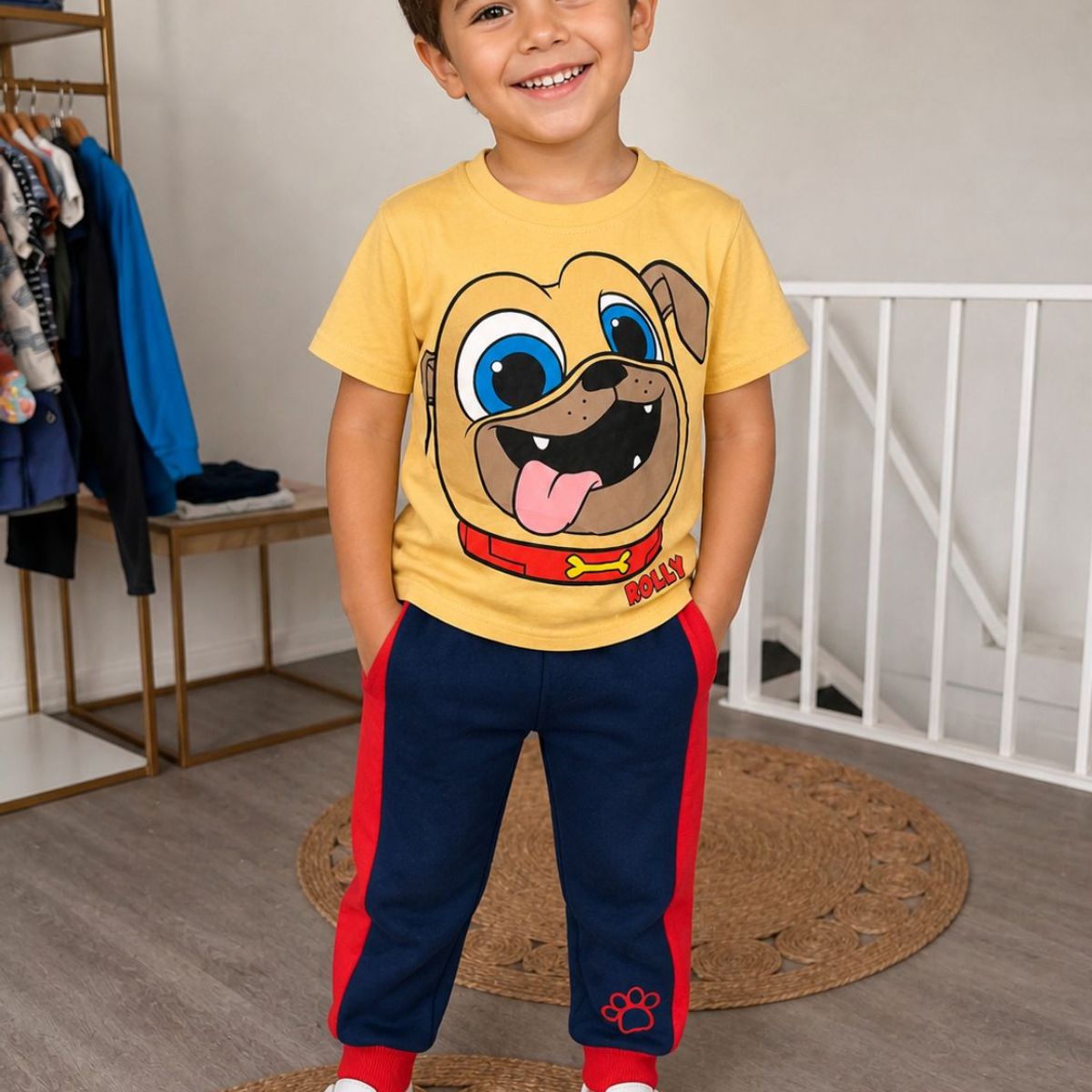 GENERAL - Conjunto Niño Polera Estampada Perrito + Buzo Jogger Bicolor Azul Rojo