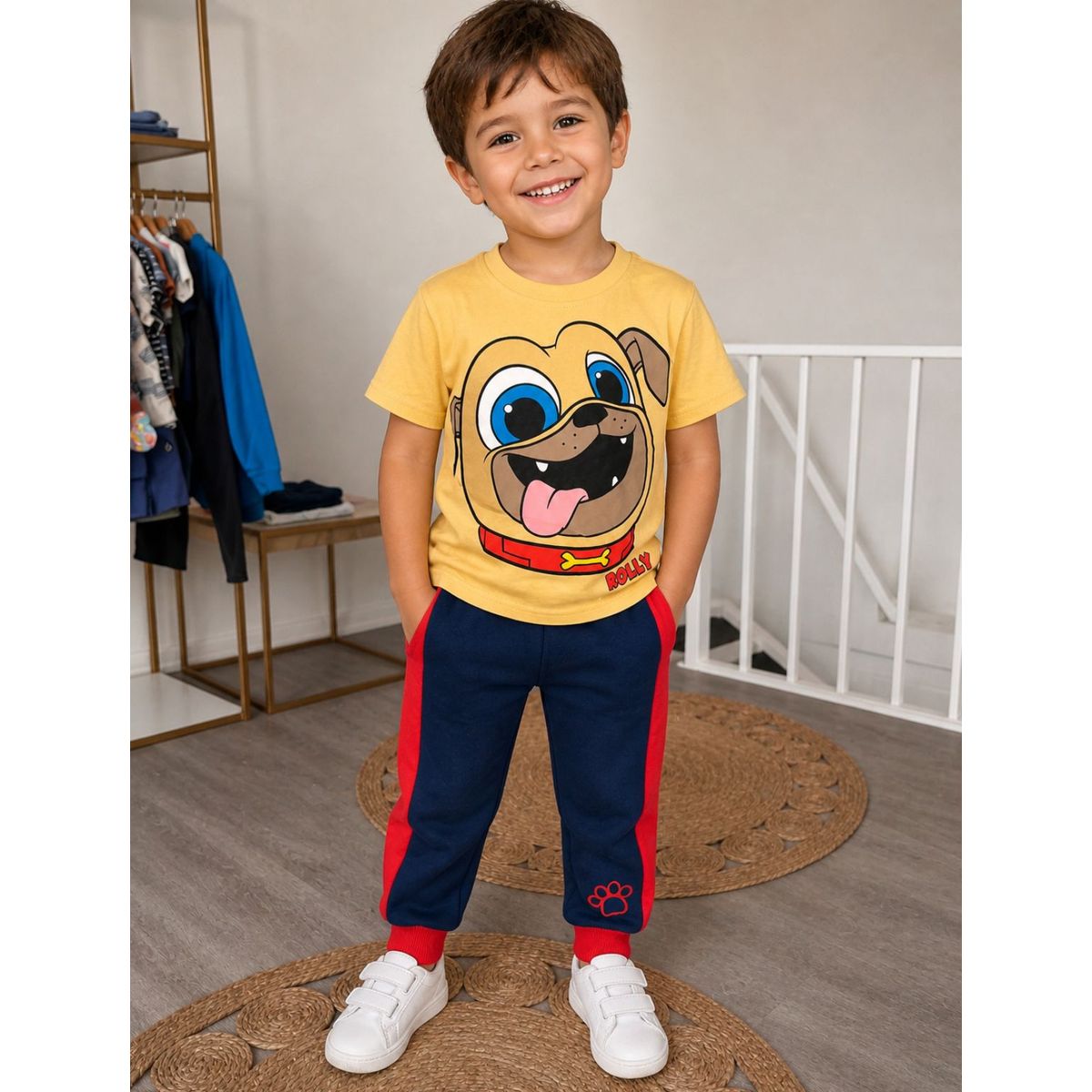 GENERAL - Conjunto Niño Polera Estampada Perrito + Buzo Jogger Bicolor Azul Rojo