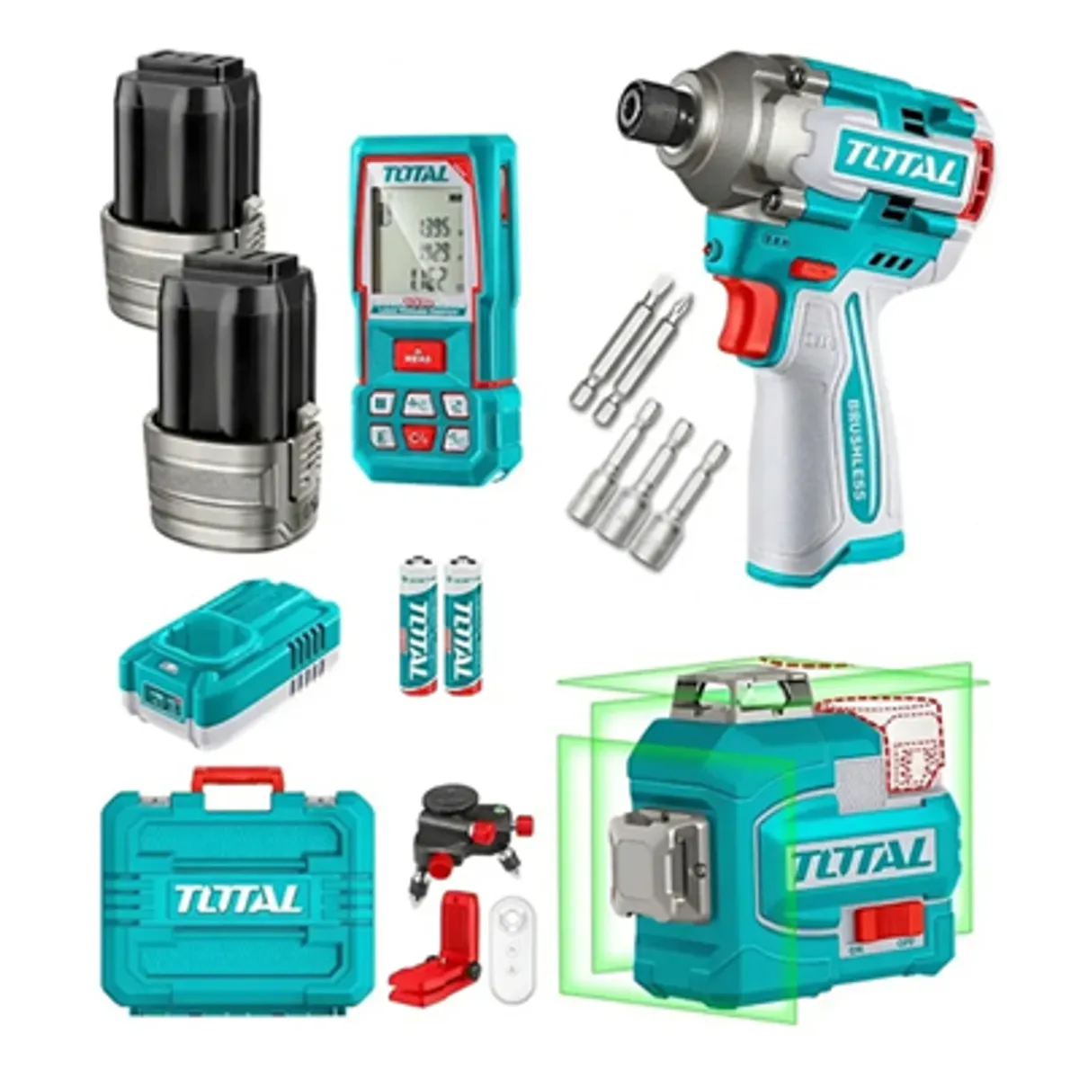 TOTAL TOOLS - Kit Atornillador Impacto 170nm + Nivel Laser + Medidor Total