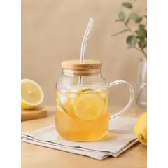 GENERICO - Taza Vidrio Con Bombilla Y Tapa Bambú 450ml Reutilizable