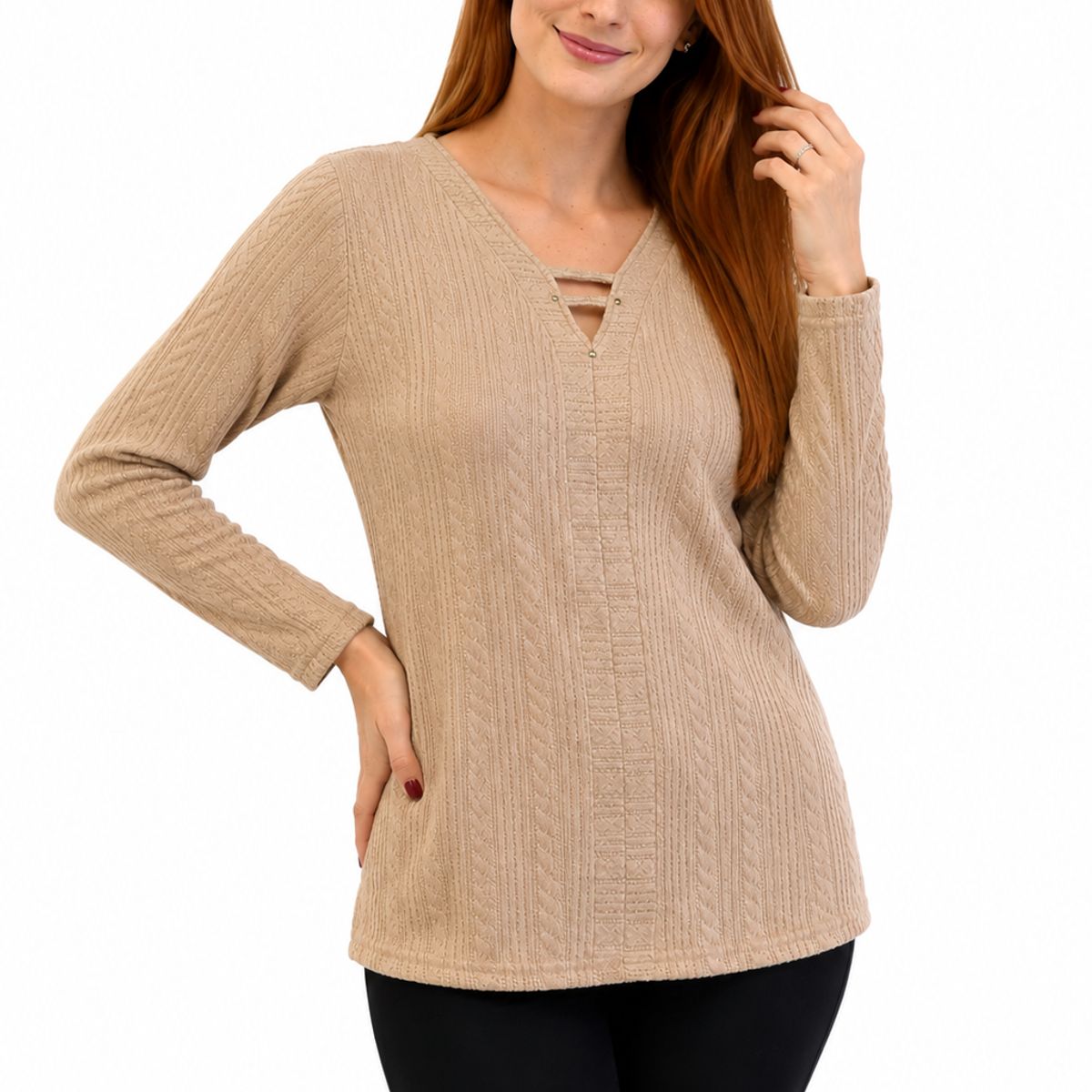 MAGENTA WOMAN - Polera 10 Lanilla Trenzada Beige