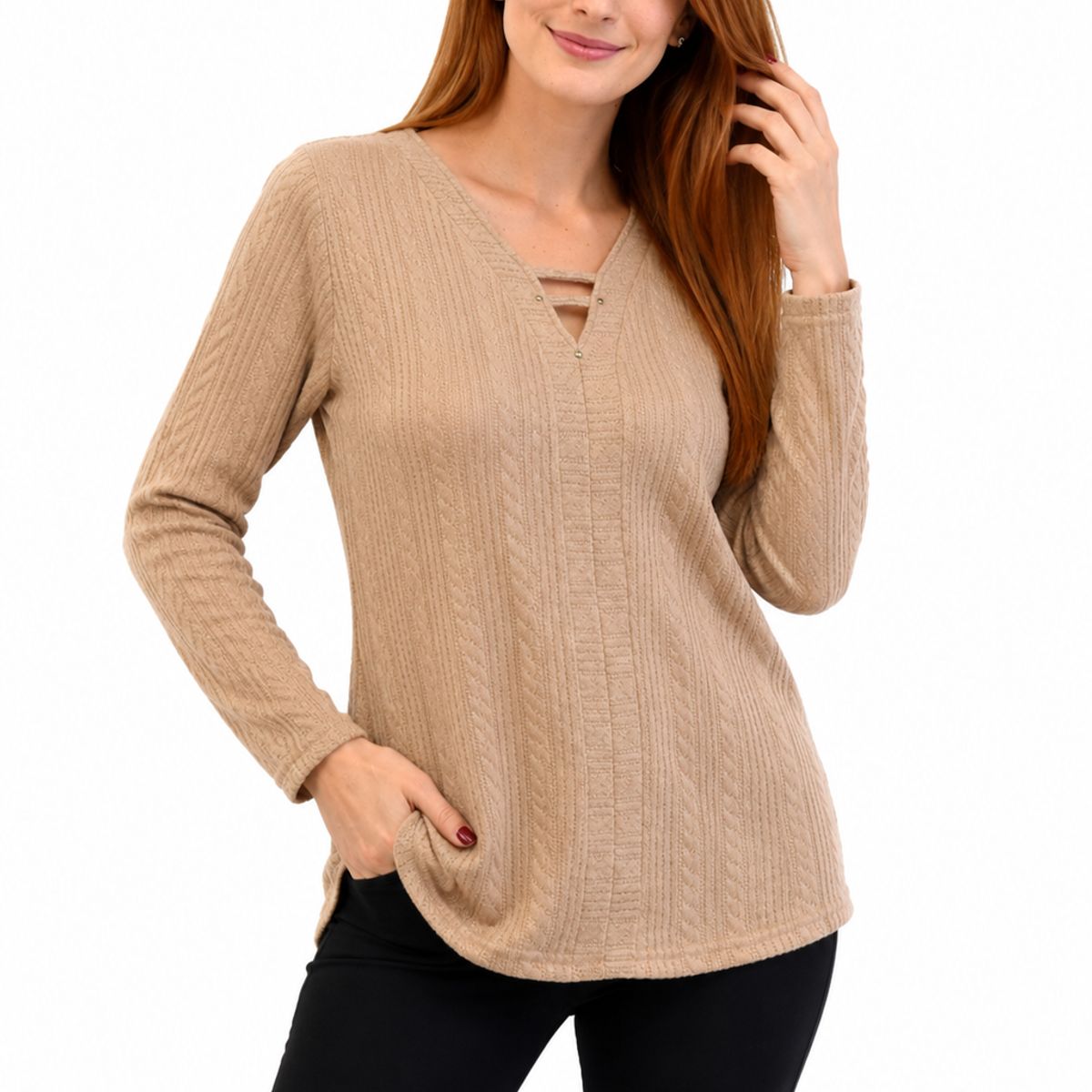 MAGENTA WOMAN - Polera 10 Lanilla Trenzada Beige