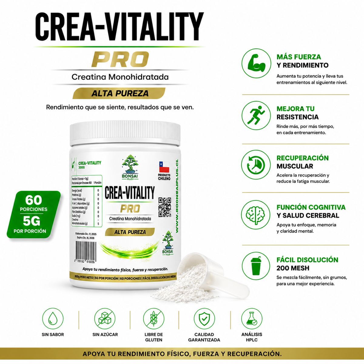 GENERICO - Crea-Vitality Creatina Monohidratada Bonsai Plus+ 60 Servicios- Sin Sabor/ 300 Grs