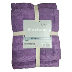ILLUSIONS - Set 2 Toallas illusión Baño +2 Toallas De Mano 100% Algodón Violeta