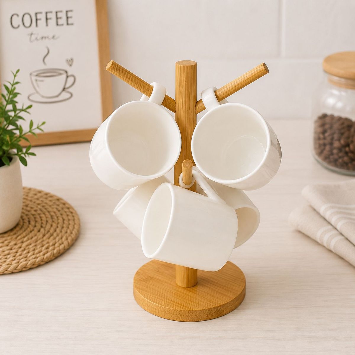 GENERICO - Set Tazas Café Cerámica Con Soporte Organizador Bambú