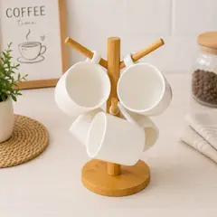 GENERICO - Set Tazas Café Cerámica Con Soporte Organizador Bambú