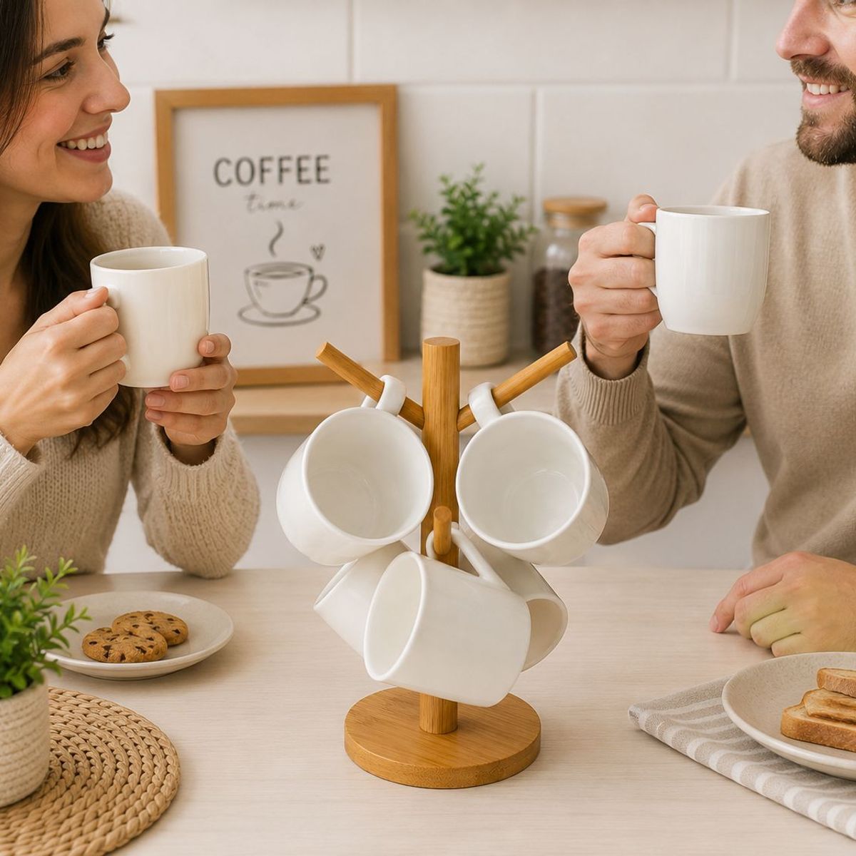 GENERICO - Set Tazas Café Cerámica Con Soporte Organizador Bambú