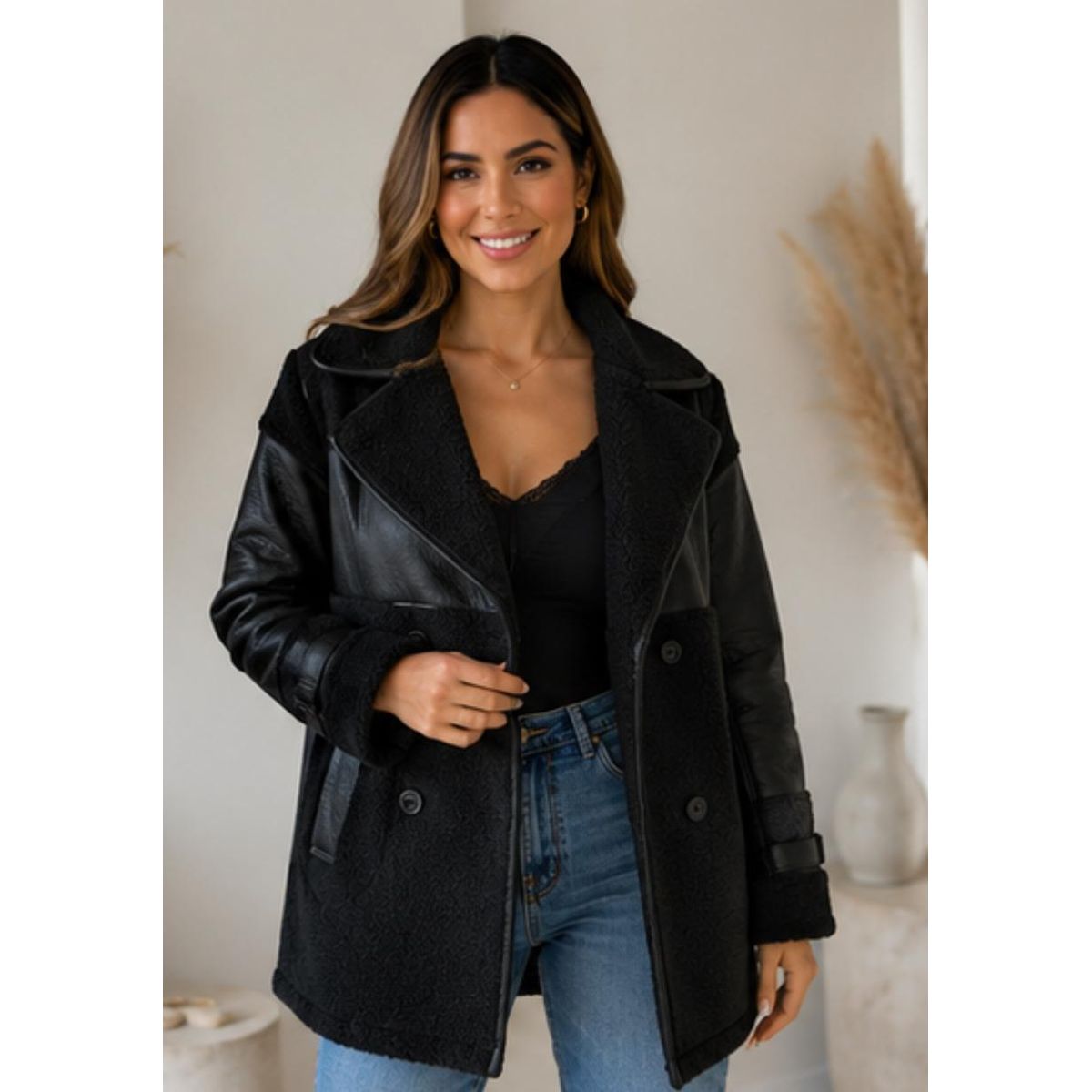 GENERAL - Chaquetón Mujer Reversible Ecocuero Sherpa Cuello Solapa Doble Botonadura