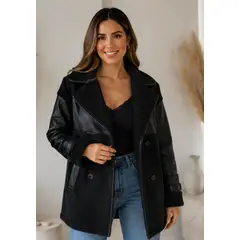 GENERAL - Chaquetón Mujer Reversible Ecocuero Sherpa Cuello Solapa Doble Botonadura