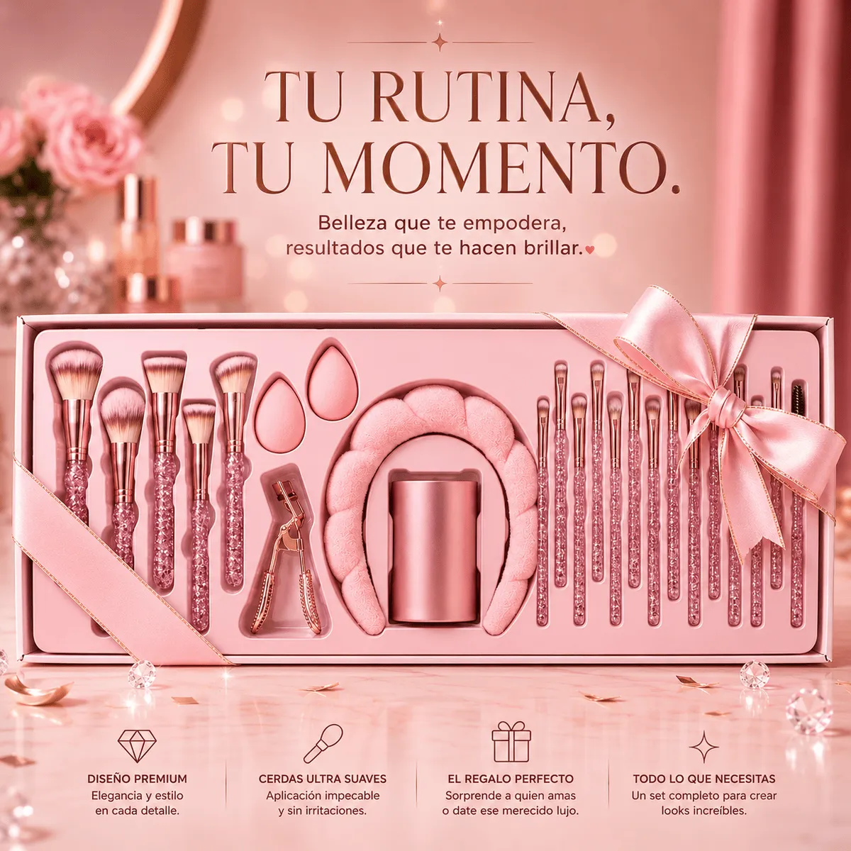 GENERICO - Set Profesional DE Maquillaje Diamond Pink– Kit Makeup Tools Gigante 23 Piezas (71cm) Edición Limitada