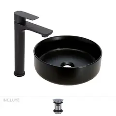 STRETTO - Pack Baño Baena - Vanitorio Sobre Cubierta 36cm + Grifería Alta Negro Mate