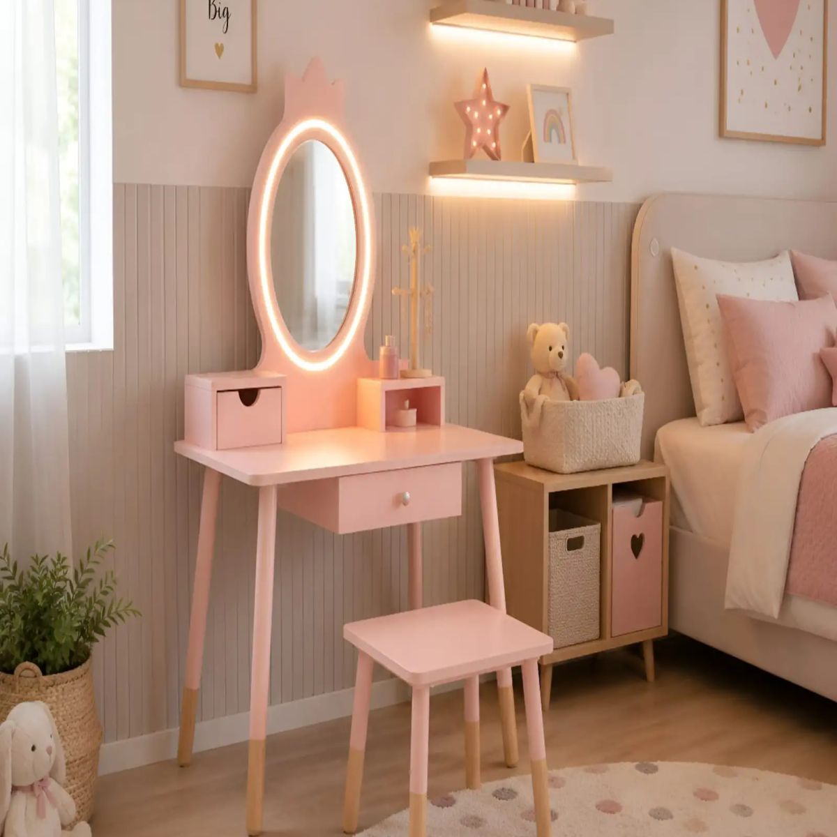 GENERICO - Tocador Infantil con Espejo LED, Cajones y Taburete - Rosa Nórdico