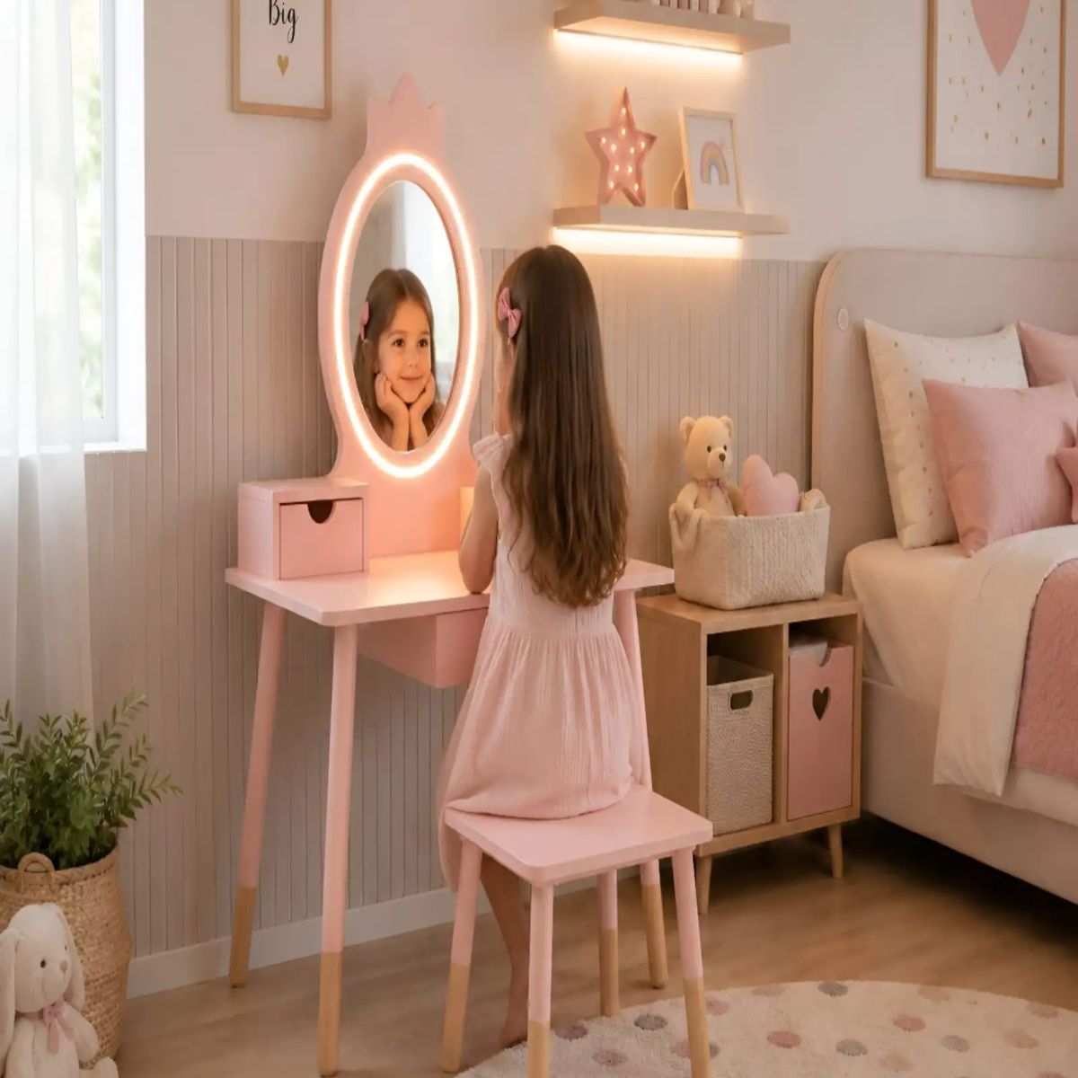 GENERICO - Tocador Infantil con Espejo LED, Cajones y Taburete - Rosa Nórdico