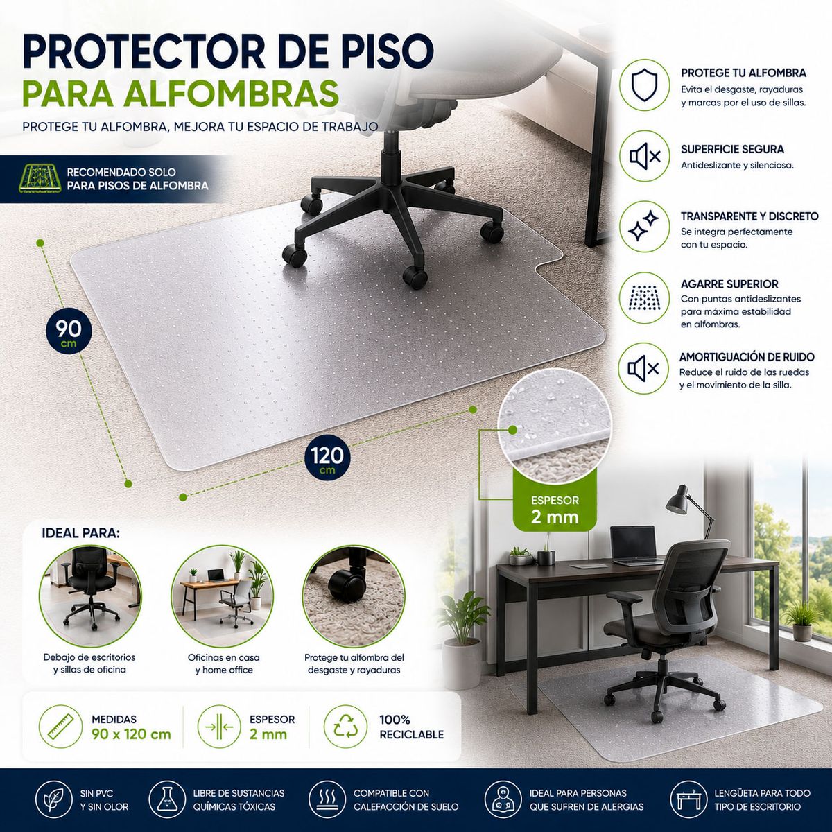 TERMOLAM - Protector de piso para Alfombras Transparente - Tamaño 90x120cm