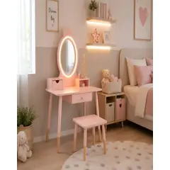 GENERICO - Tocador Infantil con Espejo LED, Cajones y Taburete - Rosa Nórdico