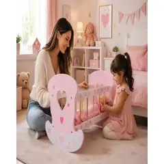 GENERICO - Cuna Mecedora de Madera para Muñecas - Diseño Corazones Rosa