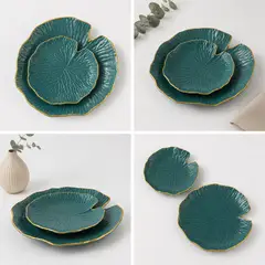 GENERICO - Set Platos Decorativos Hoja Nenúfar Verde Esmeralda con Borde Dorado - 2 Piezas