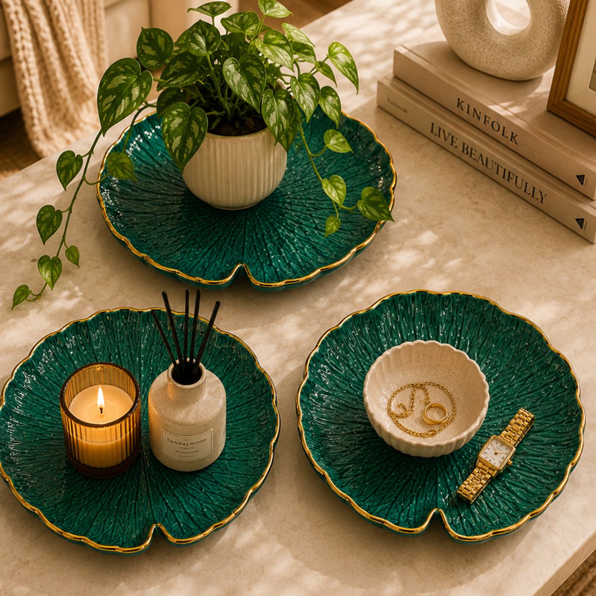 GENERICO - Set Platos Decorativos Hoja Nenúfar Verde Esmeralda con Borde Dorado - 3 Piezas