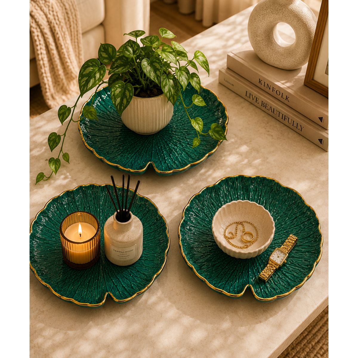 GENERICO - Set Platos Decorativos Hoja Nenúfar Verde Esmeralda con Borde Dorado - 3 Piezas