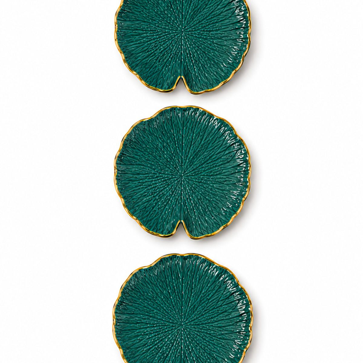 GENERICO - Set Platos Decorativos Hoja Nenúfar Verde Esmeralda con Borde Dorado - 3 Piezas