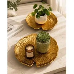 GENERICO - Set Platos Decorativos Hoja Nenúfar DORADA Esmeralda con Borde Dorado - 2 Piezas