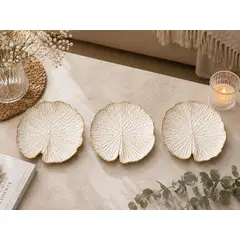 GENERICO - Set Platos Decorativos Hoja Nenúfar BLANCA DORADA  Esmeralda con Borde Dorado - 3 Piezas