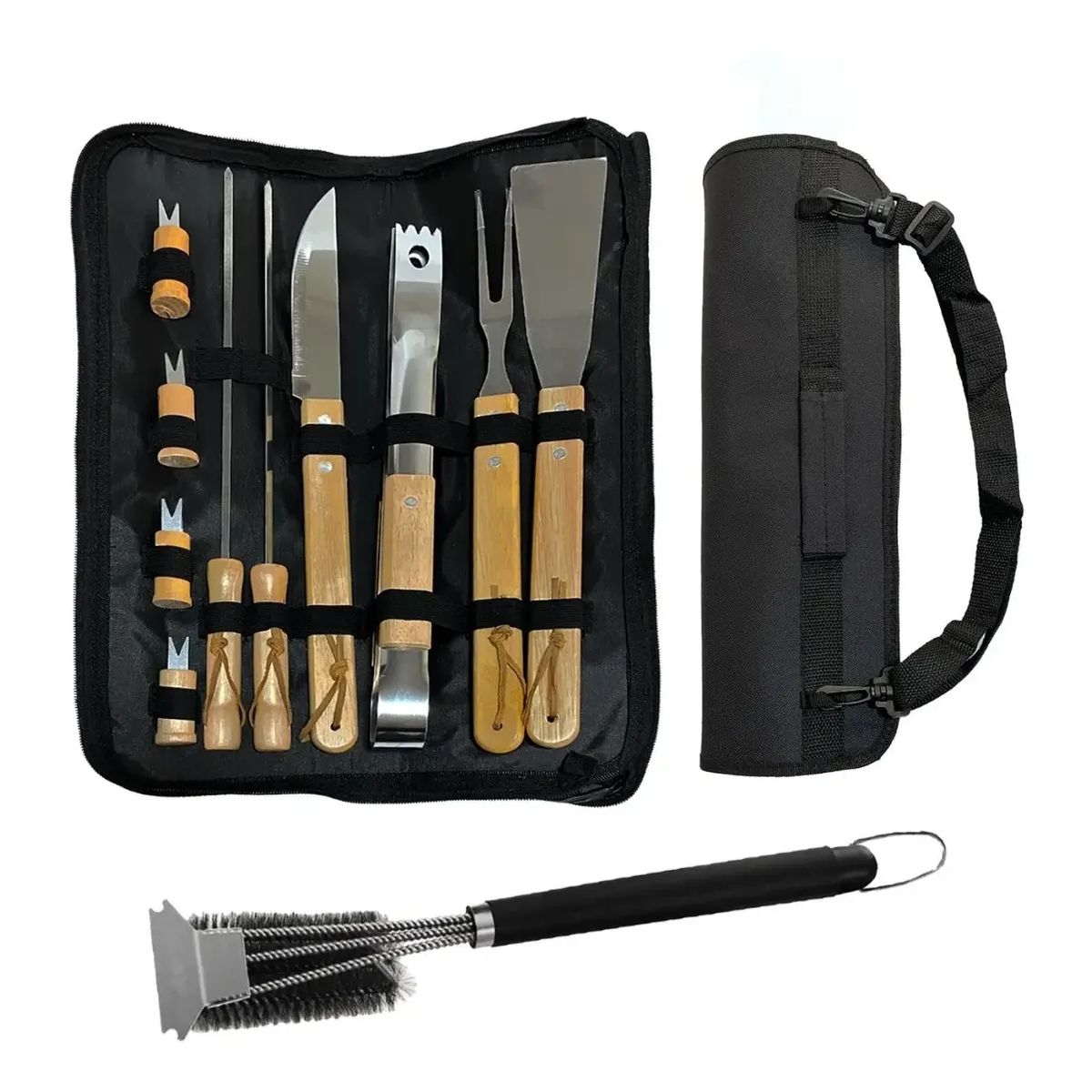 GENERICO - Pack Set Asado Parrilla 10 Uds + Cepillo Inox De Limpieza