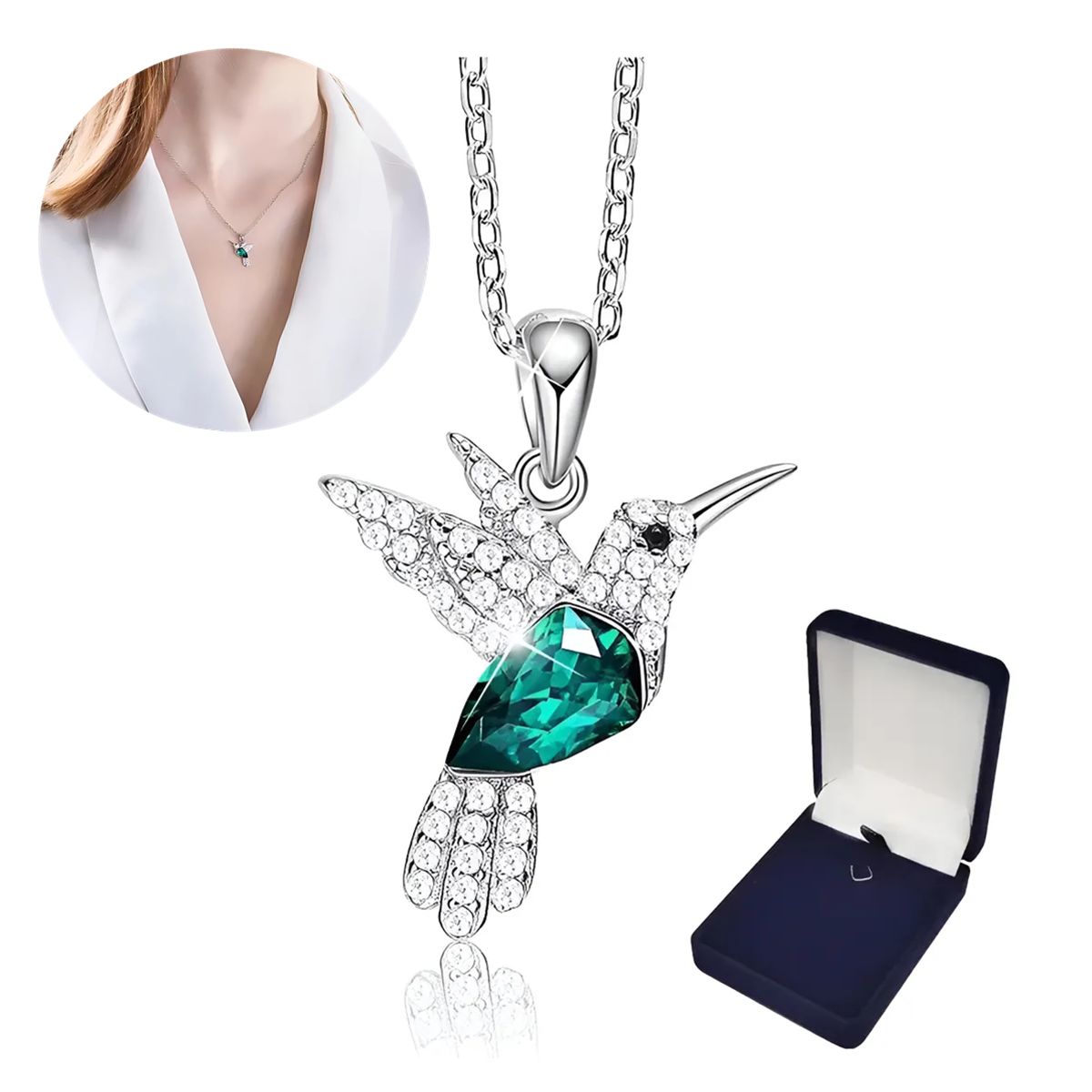 GENERICO - Collar de Plata Fina 925 con Colibrí y Cristal para Mujer, Joyas de Regalo