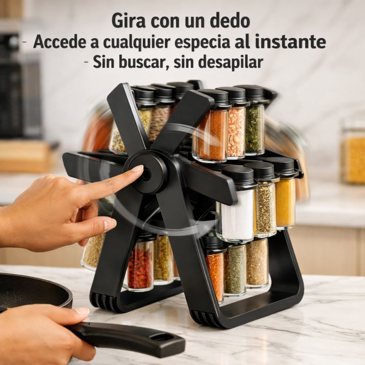 MOVI - Especiero Giratorio 360° 18 Frascos Vidrio 100ml – Organizador Cocina Negro