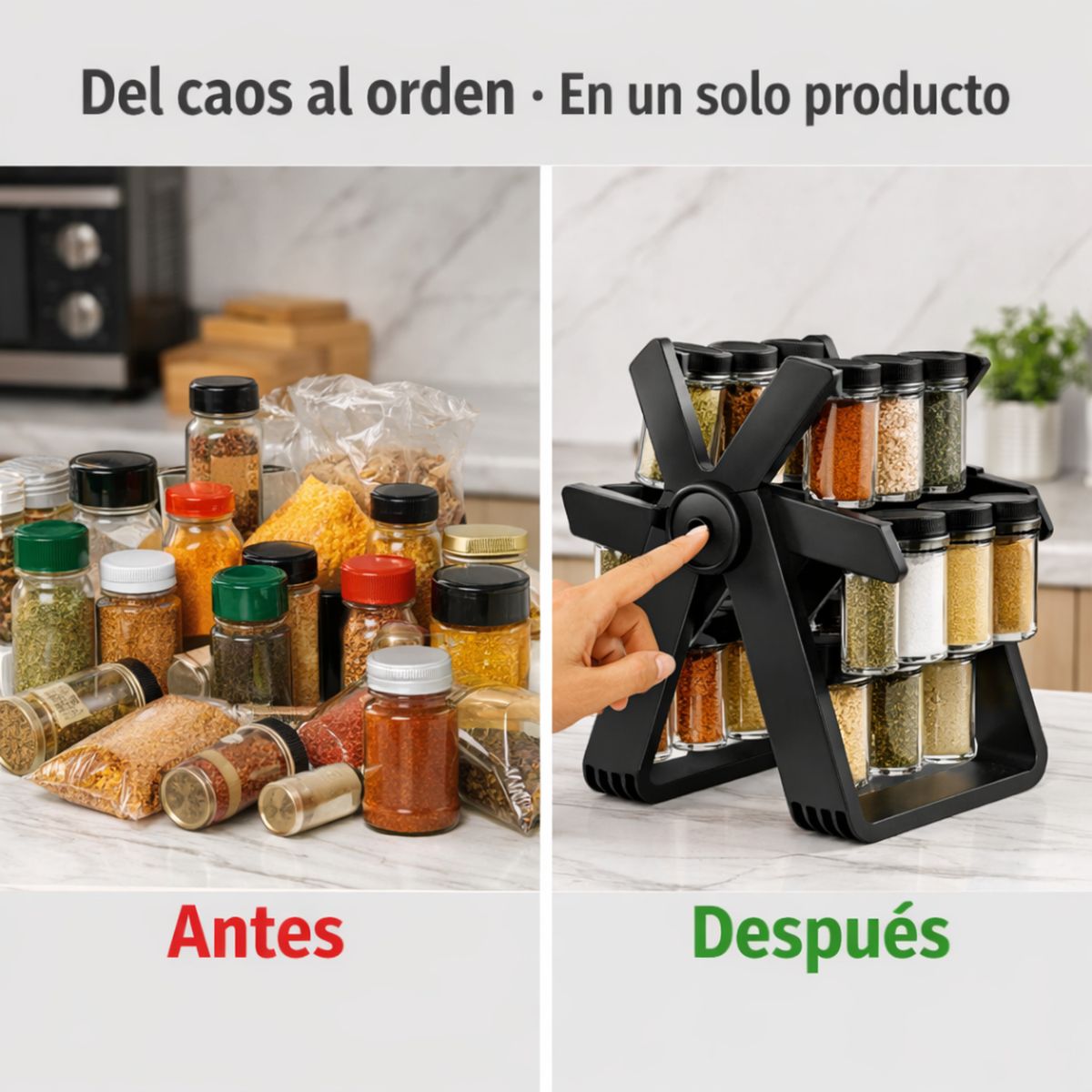 MOVI - Especiero Giratorio 360° 18 Frascos Vidrio 100ml – Organizador Cocina Negro