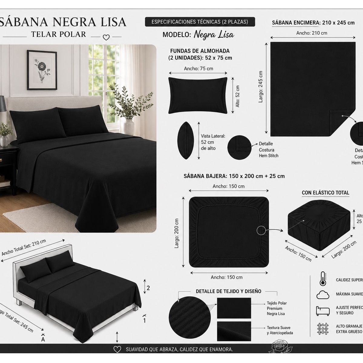 ALMA & DECO - Juego De Sábanas Polar Estampada 2 Plazas Negro Premium
