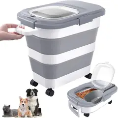 KUANGYE - Contenedor Hermético Almacenamiento De Alimentos Para Perros Gatos 12kg,Plegable Con Ruedas,Pala