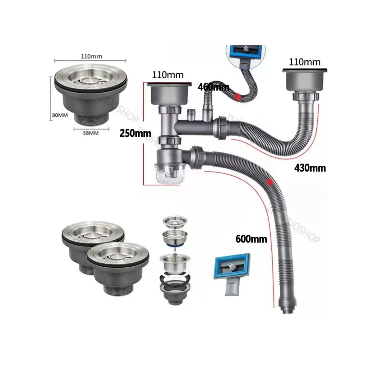 GENERICO - Cespol Desagüe Fregadero Cocina Baño Tubo Doble Flexible
