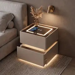 ROHE - Velador con Carga Inalámbrica 2 Cajones 50x40,5x48 cm Beige