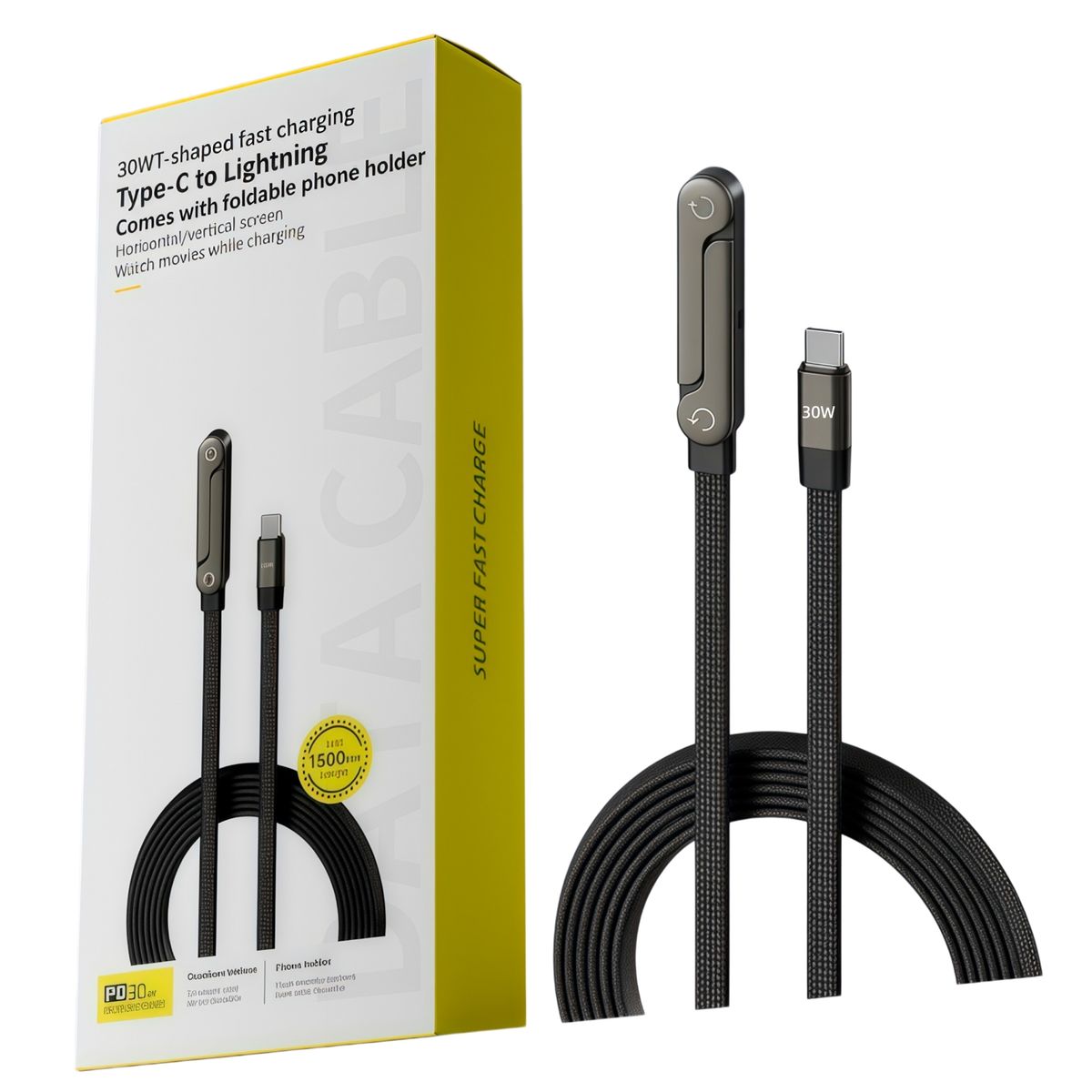 RENVMEXY - Cable 30W Tipo‑C a Lightning 1.5m con Soporte Plegable, Codo Anti‑obstrucción, Trenzado para iPhone