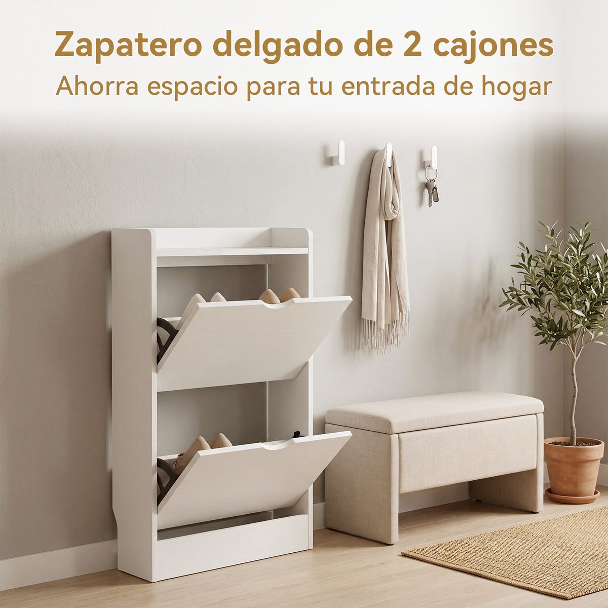 ELEMENT DESIGN - Zapatero Organizador 2 Puertas Abatibles Blanco 50x17x85 cm Moderno