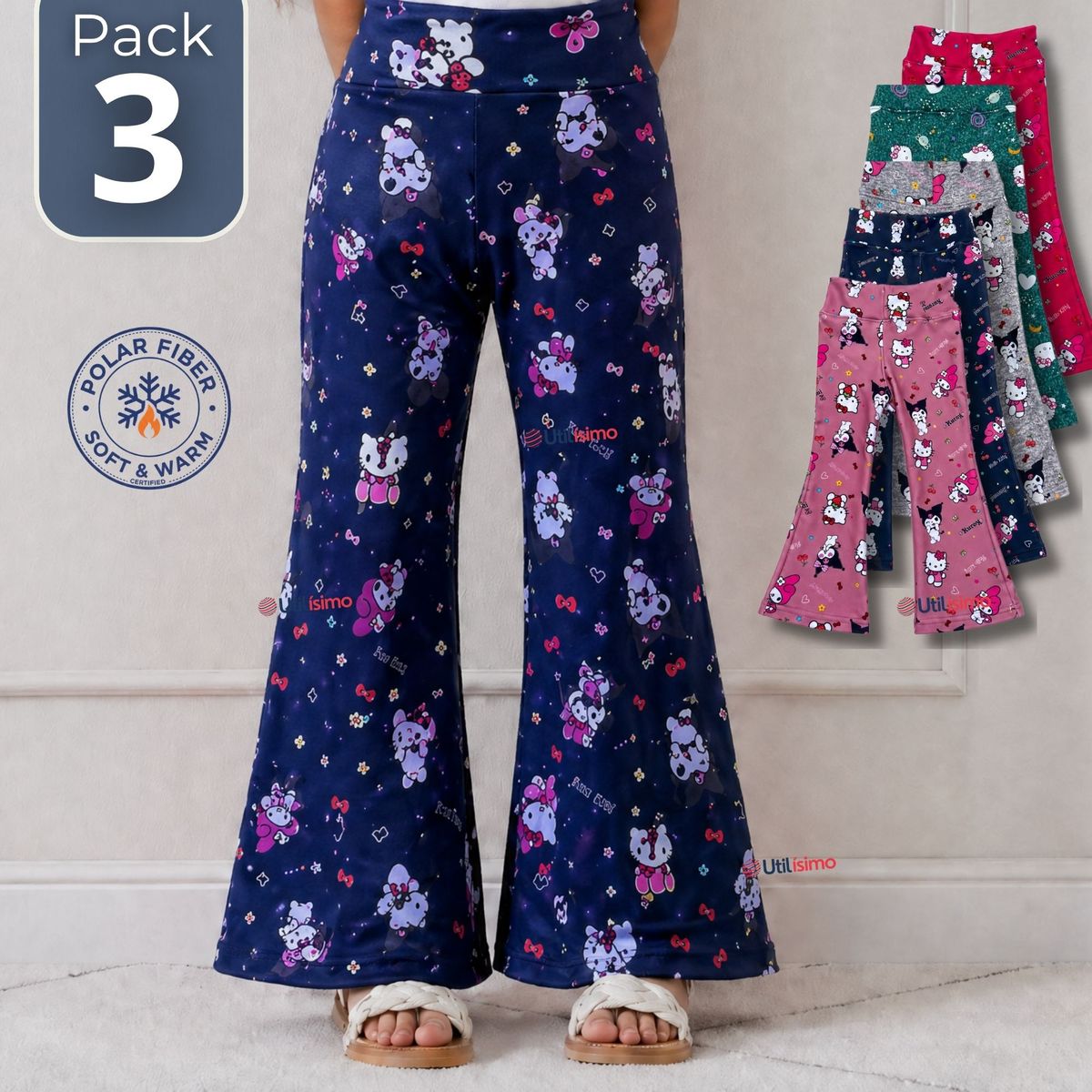 JUMP KIDS - Pack 3 Buzos Pantalones Palazzos Polar Con Chiporro Niña Surtido Hello Kitty Kuromi