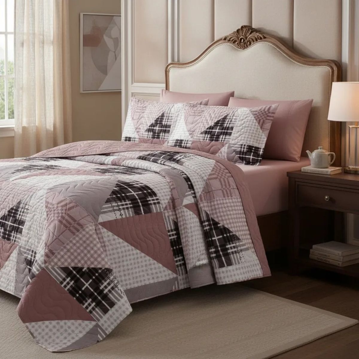 GENERICO - CUBRECAMA DE VERANO KING QUILT ROSA DISEÑO ELEGANTE GEOMETRIC TFCC685