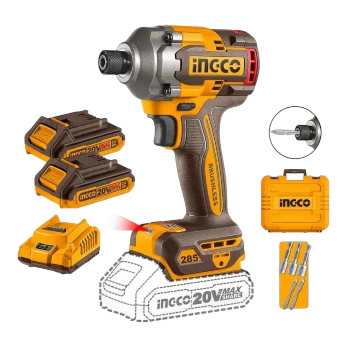INGCO - Atornillador de Impacto Inalam 285Nm + 2 Bat 20v- 2.0Ah