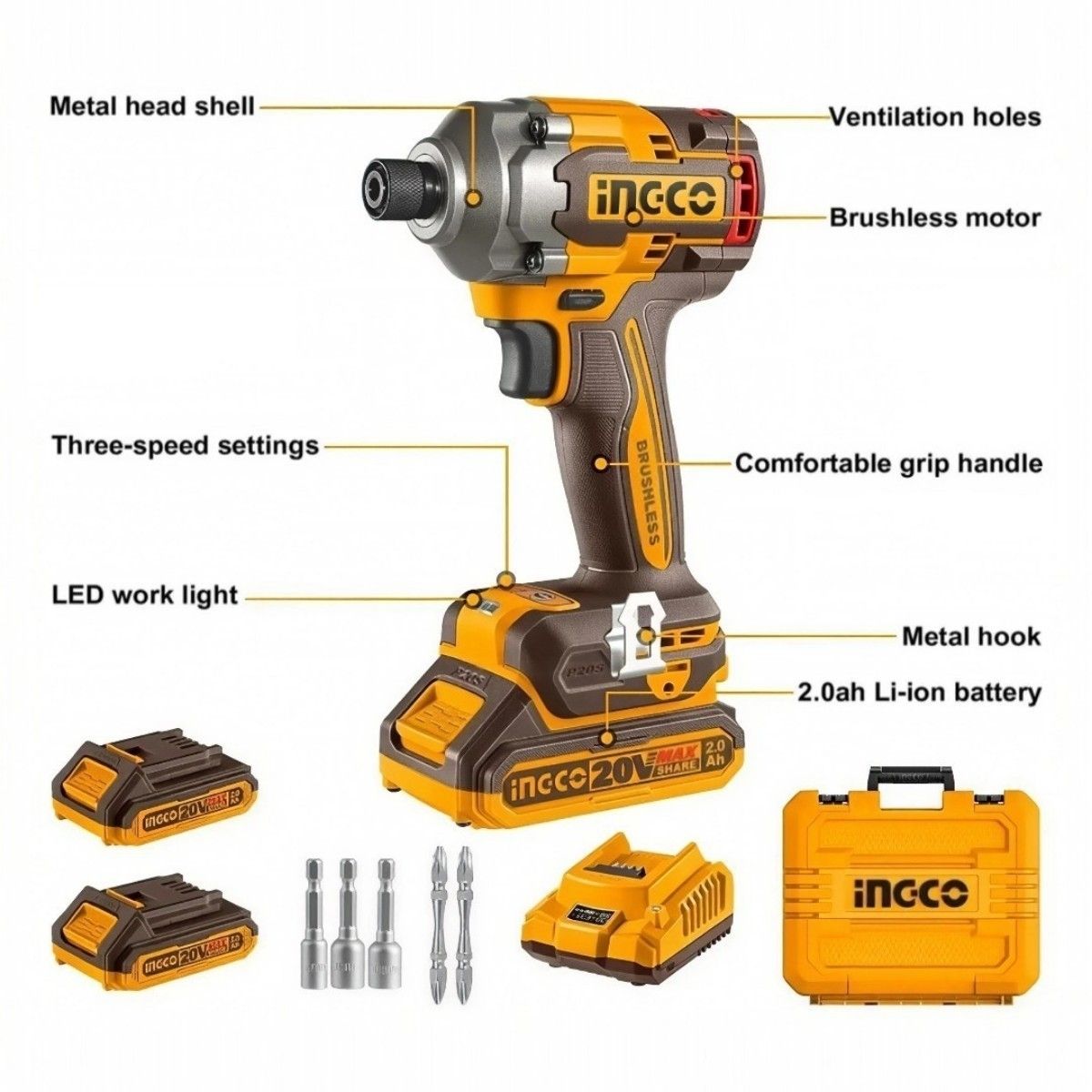 INGCO - Atornillador de Impacto Inalam 285Nm + 2 Bat 20v- 2.0Ah