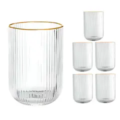 WAKESHOME - Set 6 Vasos Vidrio Borde Dorado Vaso Whiskero Acanalado 390ml Transparente