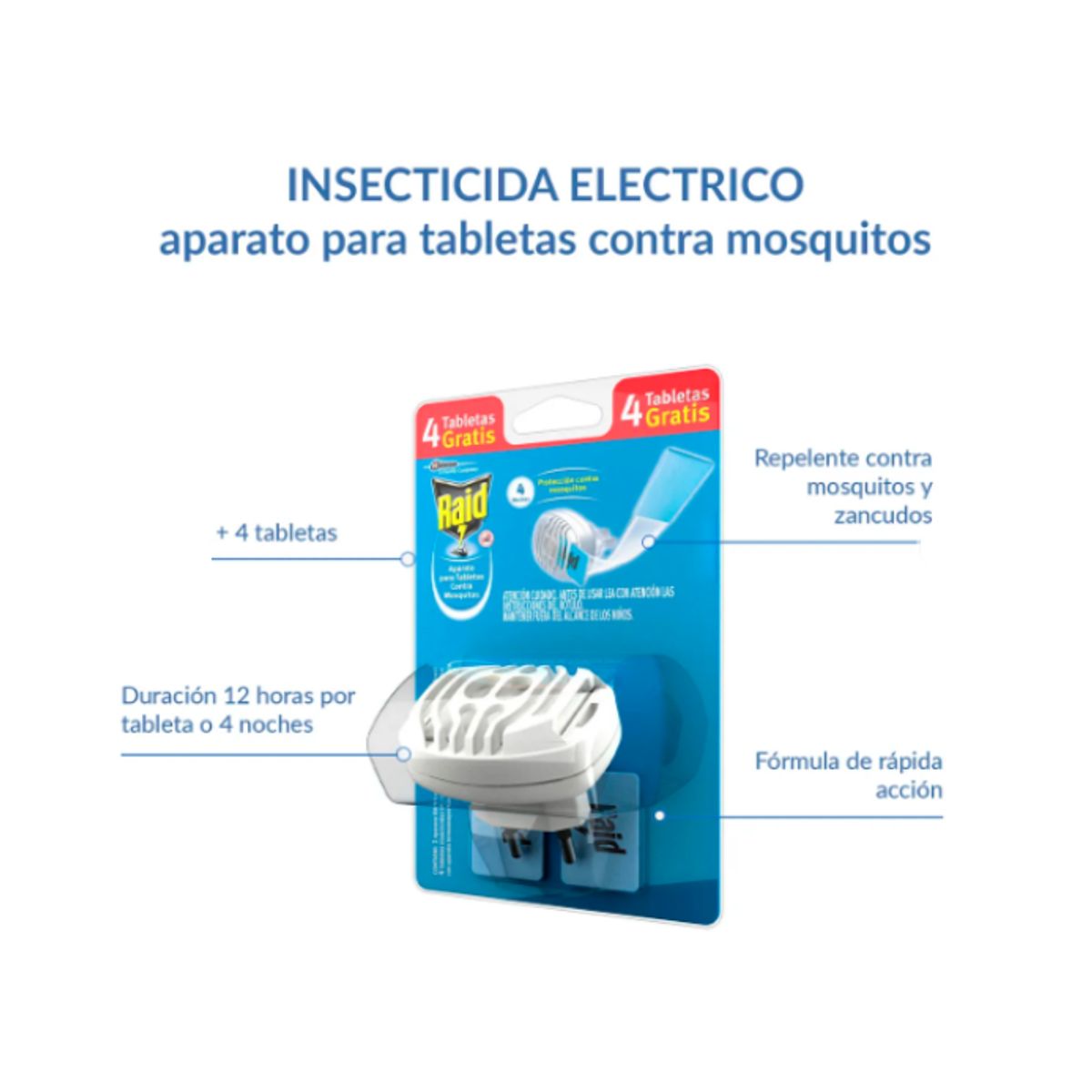 RAID - Pack Insecticida Eléctrico Zancudos Y Mosquitos Con 4 Tabletas + 12 Tabletas Repuesto Raid