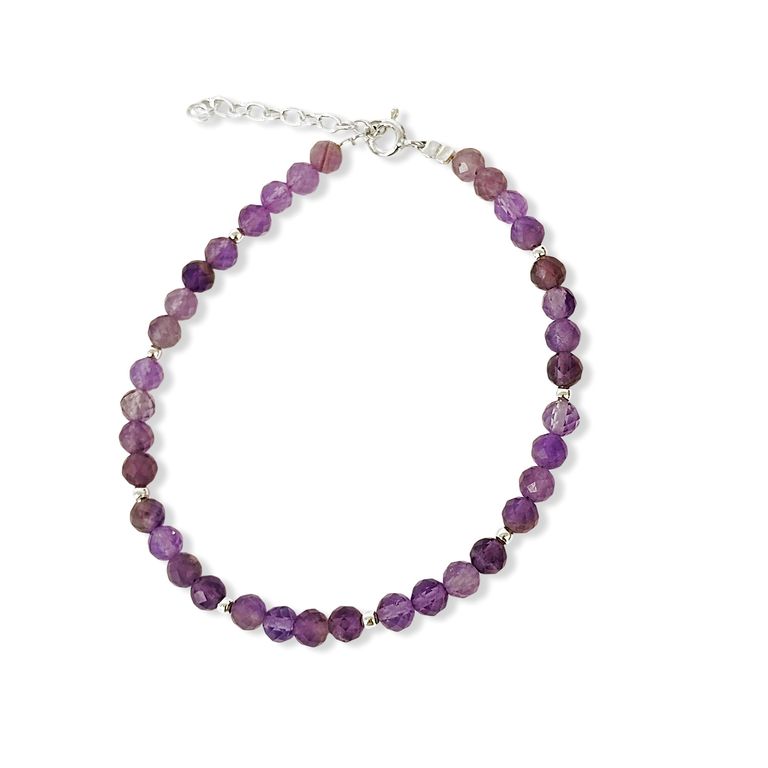Pulsera Amatista Facetada 4mm Bolita Plata Fina 925 Morado TALLA UNICA