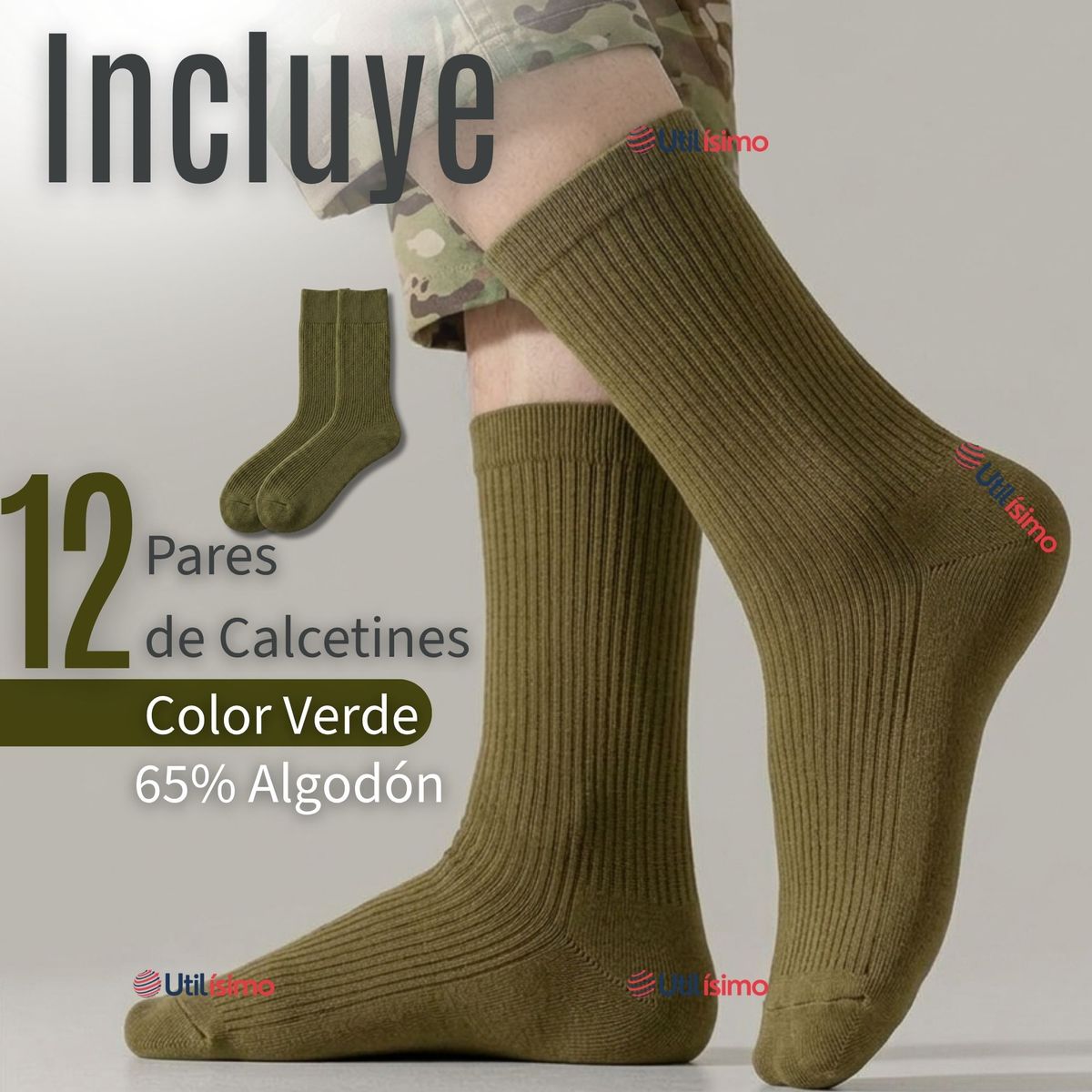 UTILISIMO - Pack 12 Pares Calcetines Carabineros Verde 65% Algodón Uniformado Transpirable