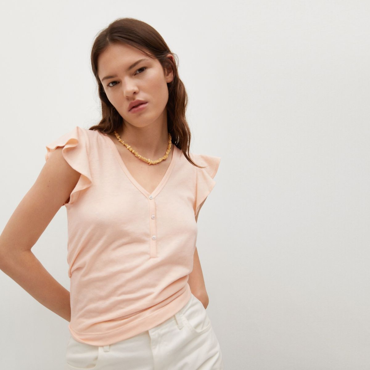MANGO - Polera Cuello V Manga Volantes Algodón Sustentable Mujer