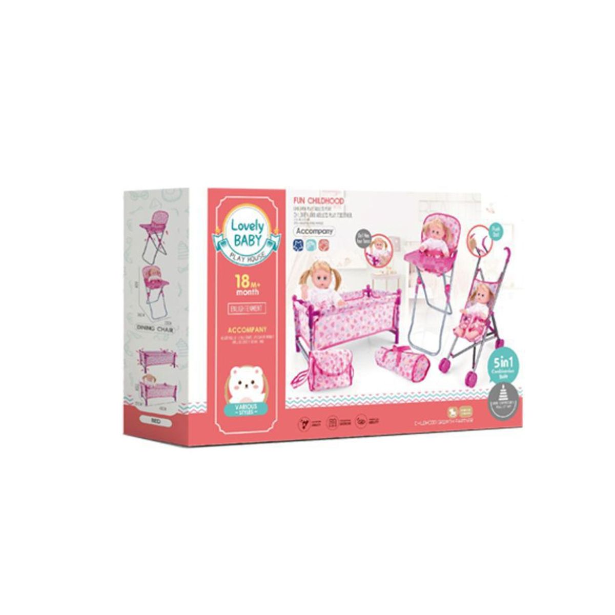 GENERICO - Set Juego Muñecas 5 En 1 Cuna Coche Silla Comedor Y Bolso