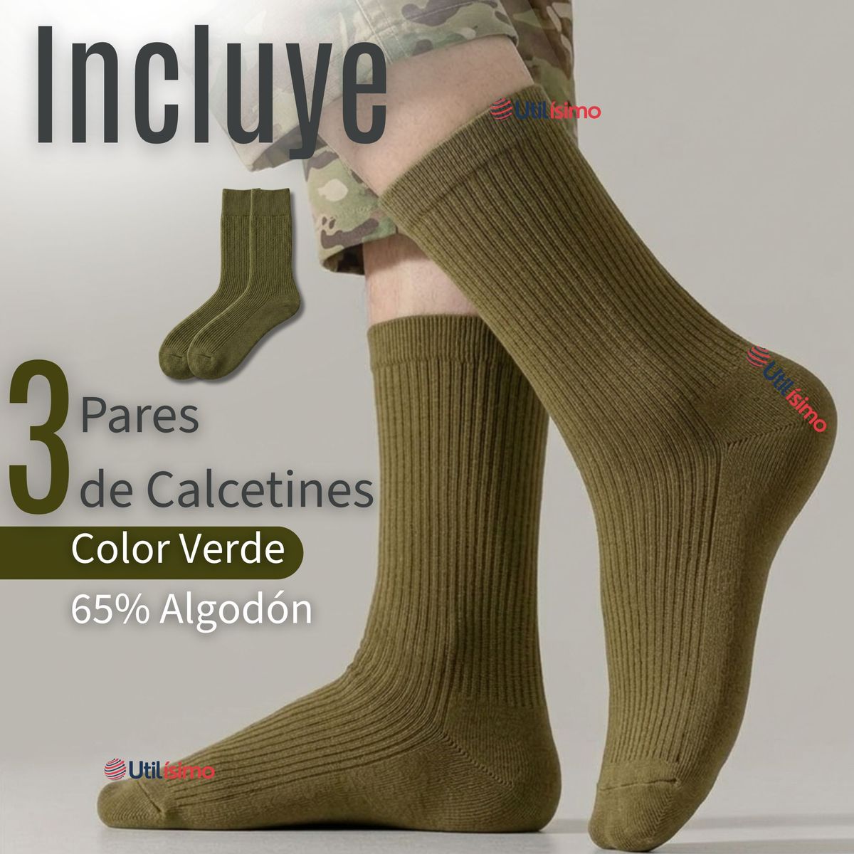 UTILISIMO - Pack 3 Pares Calcetines Táctico Militar Verde 65% Algodón Transpirables