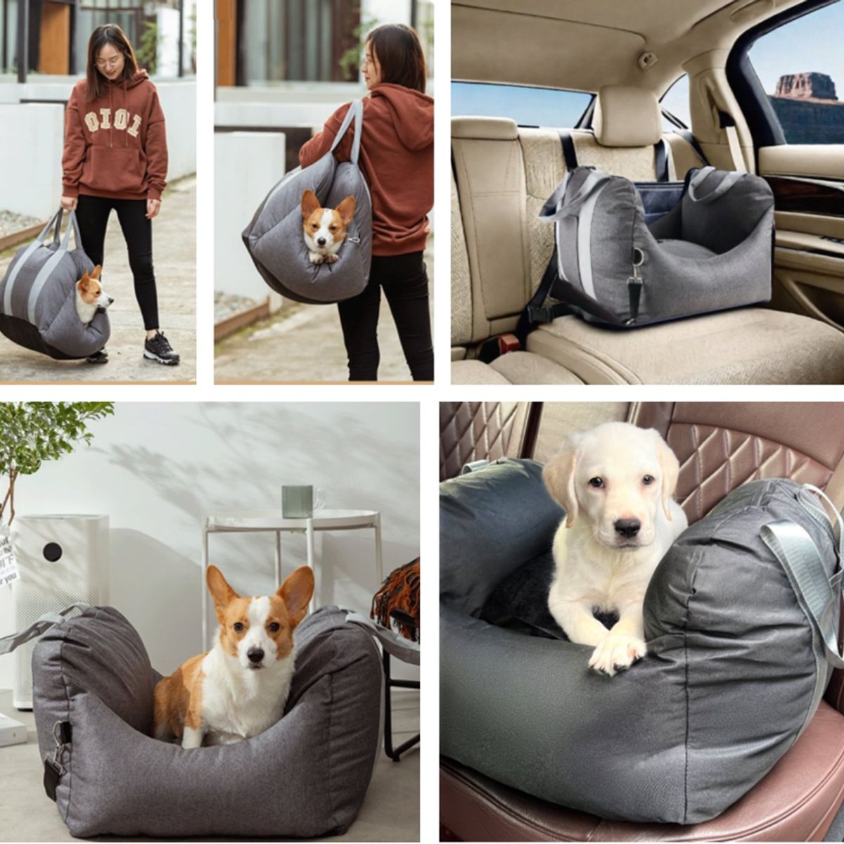 KIDSCOOL - Bolso Porta Mascota 3 en 1 Gris - Silla  De Auto y Cama